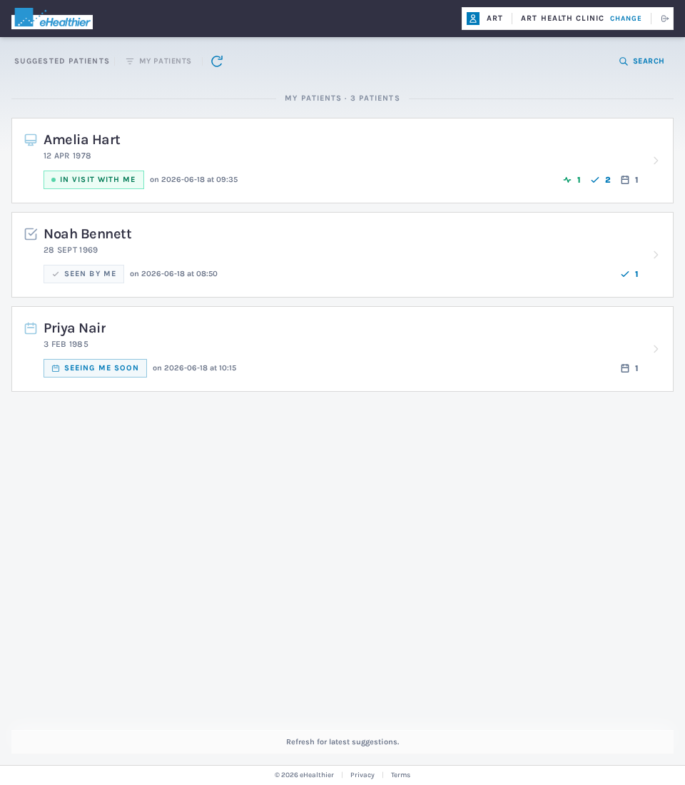 Suggested patient workflow showing patients in visit, recently seen, and scheduled soon.
